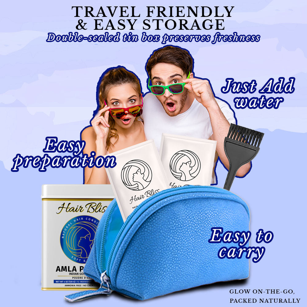 Hair Bliss- Natural Amla Gooseberry Herbal Hair & Skin Conditioning Powder- 12 Individual Sachets (10 gm each)- Reusable Brush & Tray Included